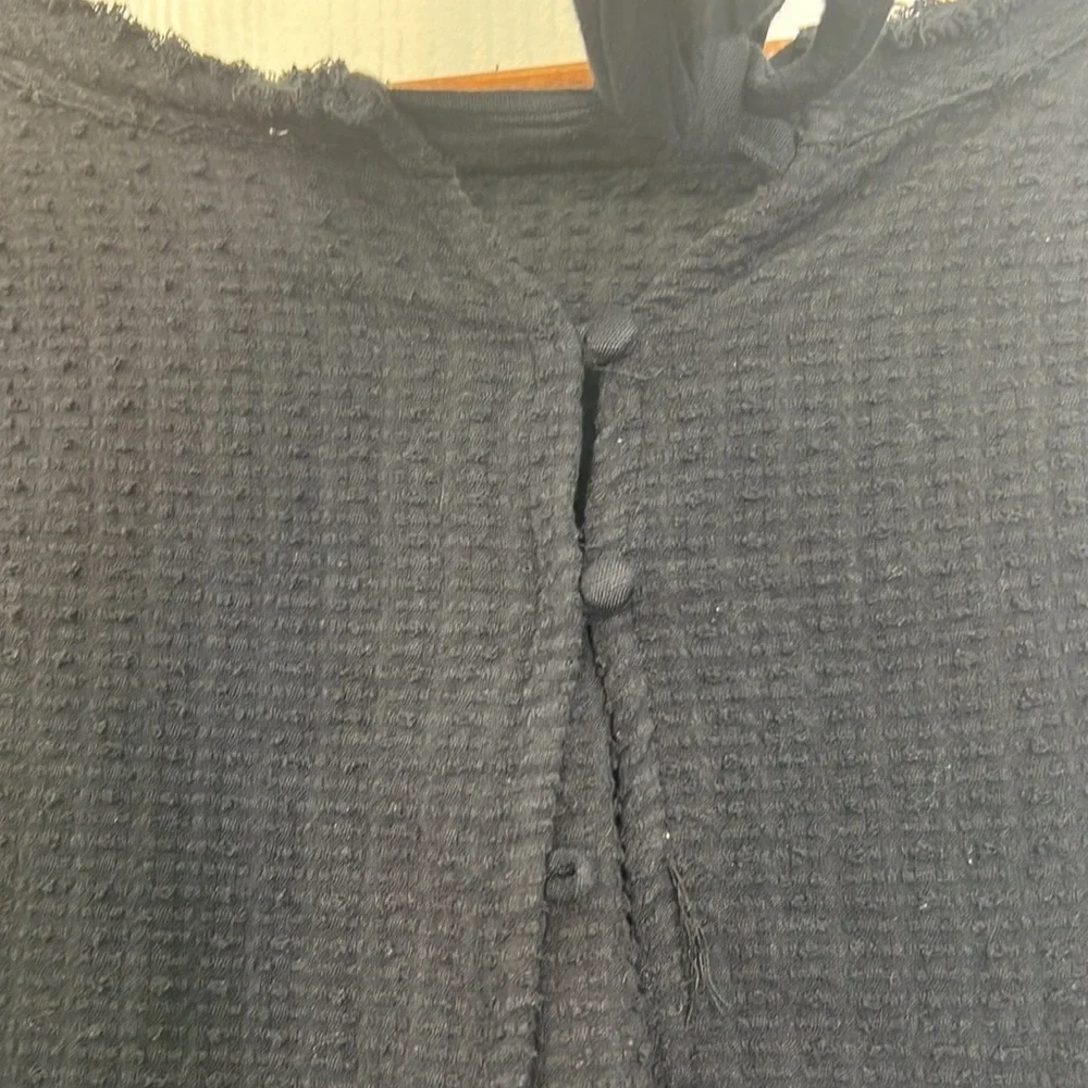 Free People - Black Popcorn Fringe With Back Bow And Button Long Sleeve Top XS